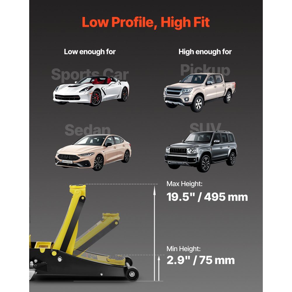 Car Jack, 3 Ton Low Jack Heavy Duty Steel Racing Car Jack with Dual Piston Quick Lift Pump, Jack Lift Range 3.35"-19.69
