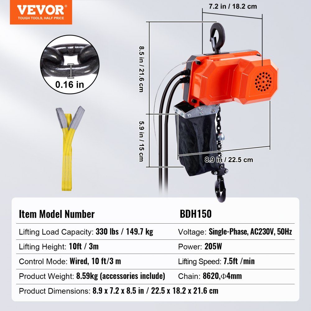 Electric Chain Hoist, 150kg Load Capacity, 3m Lifting Height, Speed ​​2.3m/min, 230V Single Phase Overhead Crane with G80 Chain, 3m Wired Remote Control for Garage, Shop, Hotel, Home