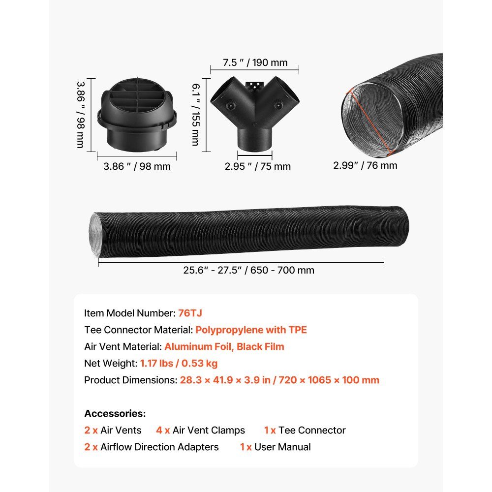 Dieselverwarmerpijp heteluchtuitlaatventilatieset met Y-vormige connector en luchtkanaalklemmen, hulpverwarmer luchtkanaalventilatieset voor 5kW 8kW dieselverwarmers, zwart