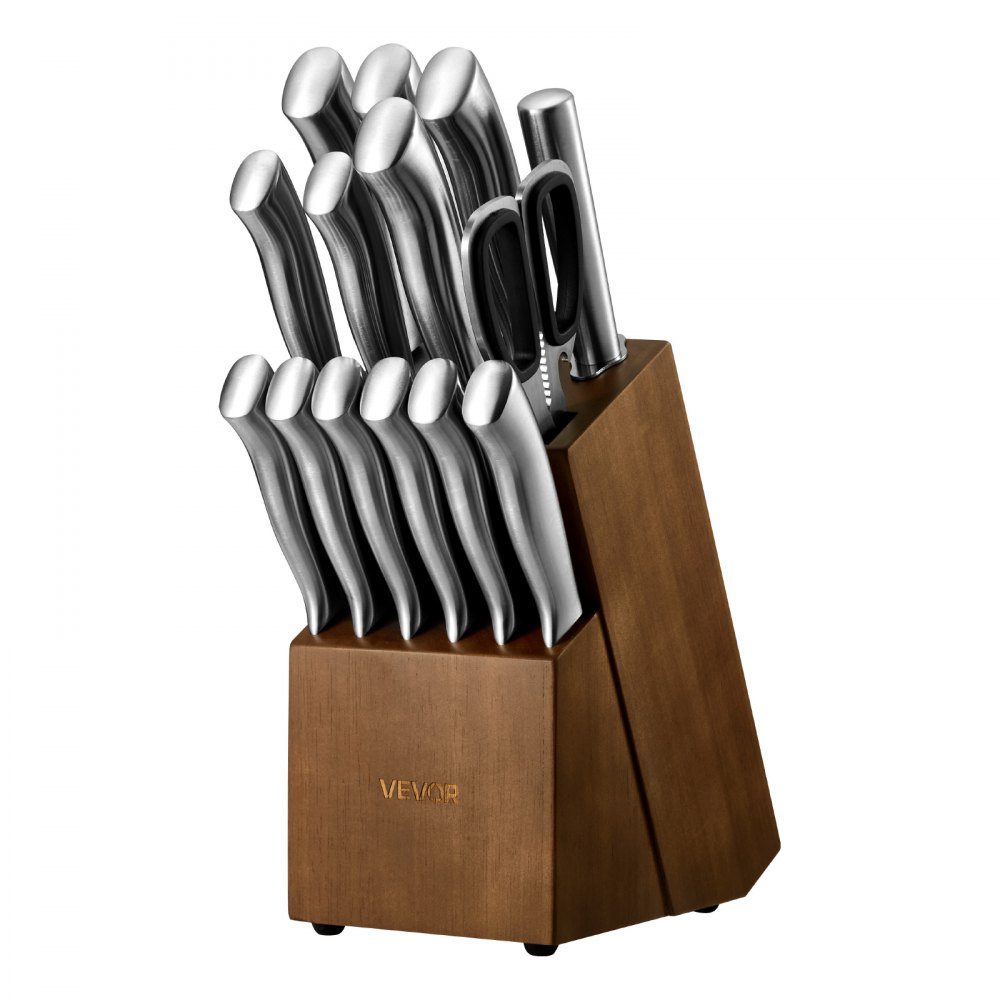 Kitchen knife set with knife block (wood) & sharpening steel, 15 pieces. Knife set of sharp knives made of high carbon stainless steel, kitchen cutlery with ergonomic handle, for home cooks
