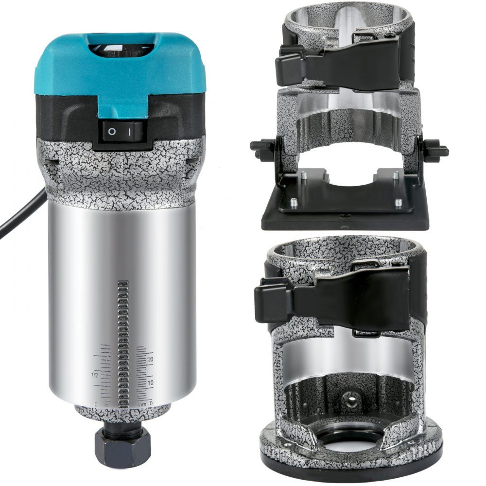 One-hand wood router 710 W, electric hand wood router 33000 rpm, fixed base, tilt foot, immersion base, 3 collets, cutter 6.35 / 8 mm included, curve stop, edge router