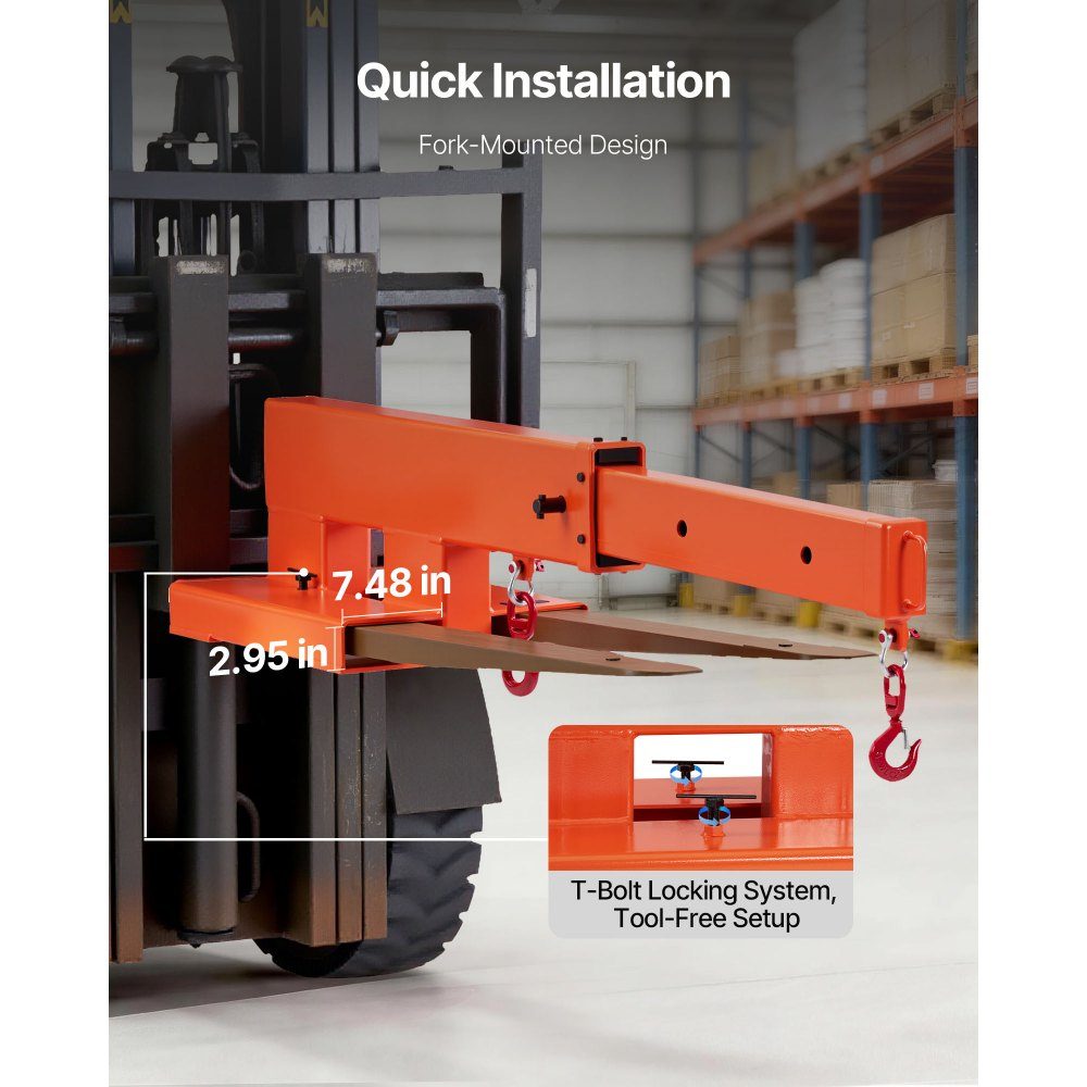 Kranarm für Gabelstapler 2495 kg, Gabelstapler-Lastarm mit 2 360°-Schwenkhaken, manueller 3-stufiger Teleskoparm für 1200–1867 mm Ausfahrbereich, Gabelstaplerkranzubehör für Baustellen-Fabriklager