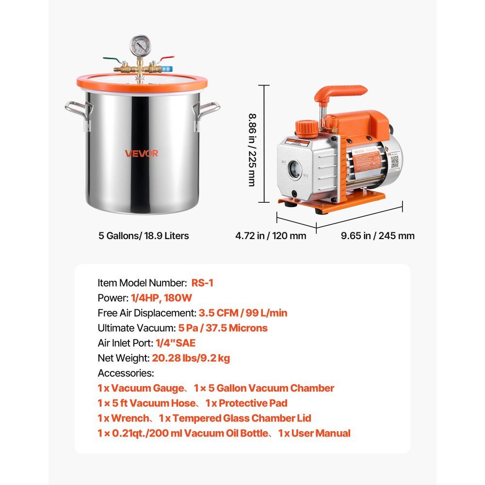 Vakuumpumpe mit 18,9 l Vakuumkammer, 3,5 CFM 99 l/min, 180 W, 1-stufige Vakuumpumpe, Vakuumpumpen-Set, 1,5 m Schlauch, zum Stabilisieren von Holz und Entgasen von Silikonharz