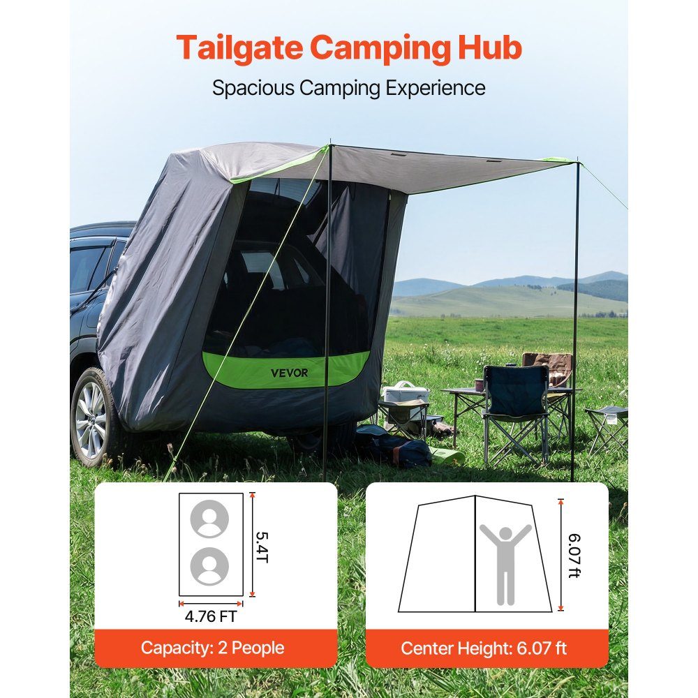 Heckklappenzelt, Autozelt (1,5 x 1,5 m Hauptzelt), wasserdicht (PU2000 mm), Campingzelt mit Markise und Tragetasche, SUV-Heckzelt für Camping, Wandern, Outdoor-Aktivitäten, tragbar