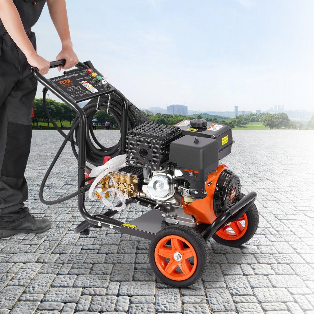 Benzin-Hochdruckreiniger, 4400 PSI, 15 l/min, Terrassenreiniger mit Kupferpumpe, Druckpistole und Verlängerungsstab, 5-Düsen-Set für Autos, Zäune, Häuser, Einfahrten, Terrassen, Möbel