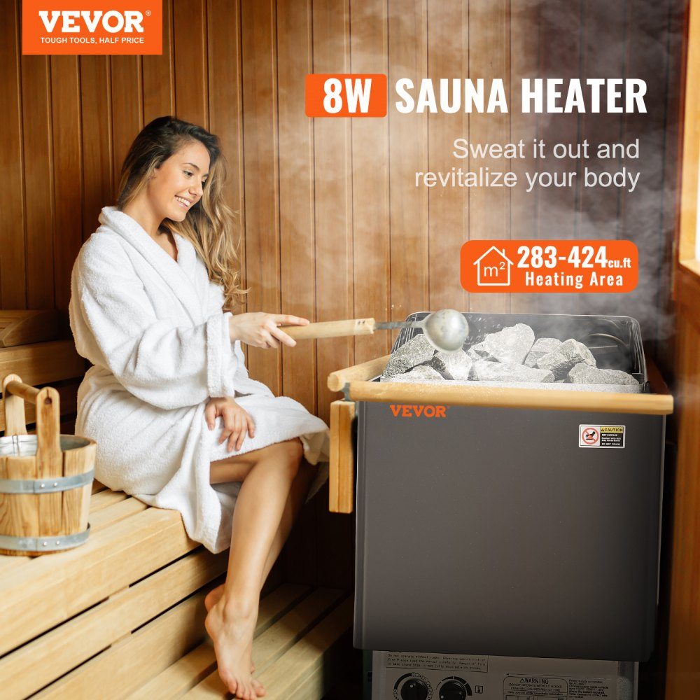Sauna Heater 8kW 400V 3N Portable Indoor Outdoor Sauna Heater with 3 Hour Timer Built-in Control for 8-12m³ Commercial Hotel Spa Use Shower Max 110°C