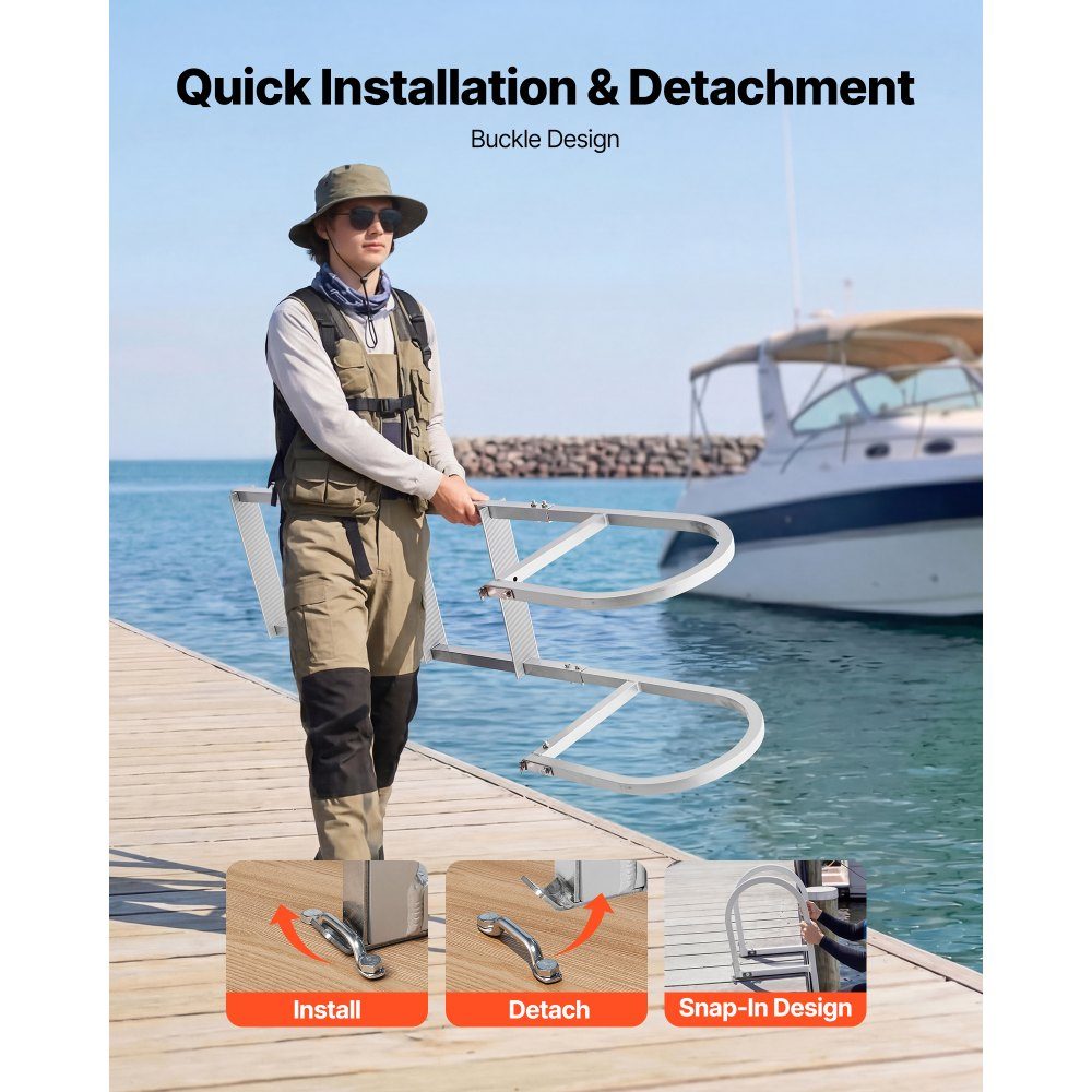 Dockleiter abnehmbar, Bootsleiter mit 4 rutschfesten Stufen, breiten Pedalen und Handlauf, 227 kg schwere Poolleiter aus Aluminiumlegierung, Einstiegsleiter für Docks, Pools, Seen, Yachten, Silber