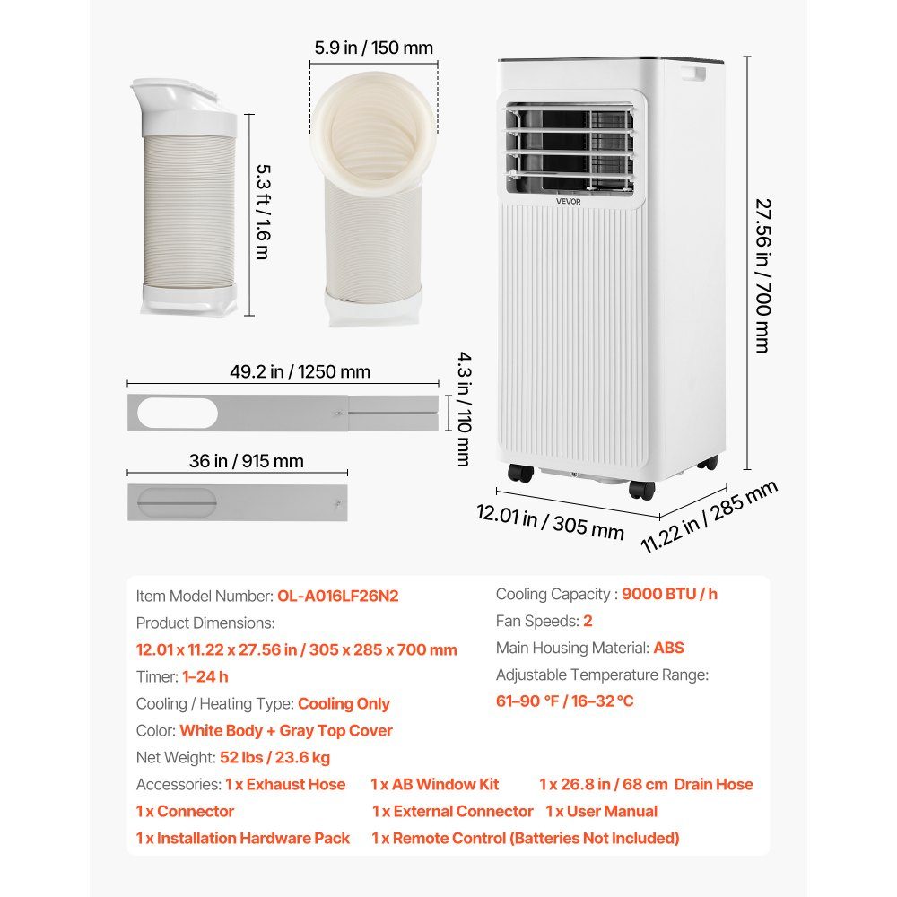 Mobile Klimaanlage 9000 BTU 2,6 kW mit Abluftschlauch, 3-in-1 mobile Klimaanlage mit Kühlung, Belüftung, Entfeuchtung, tragbare Klimaanlage mit LED-Display, Fernbedienung, 24-Stunden-Timer für Innenräume