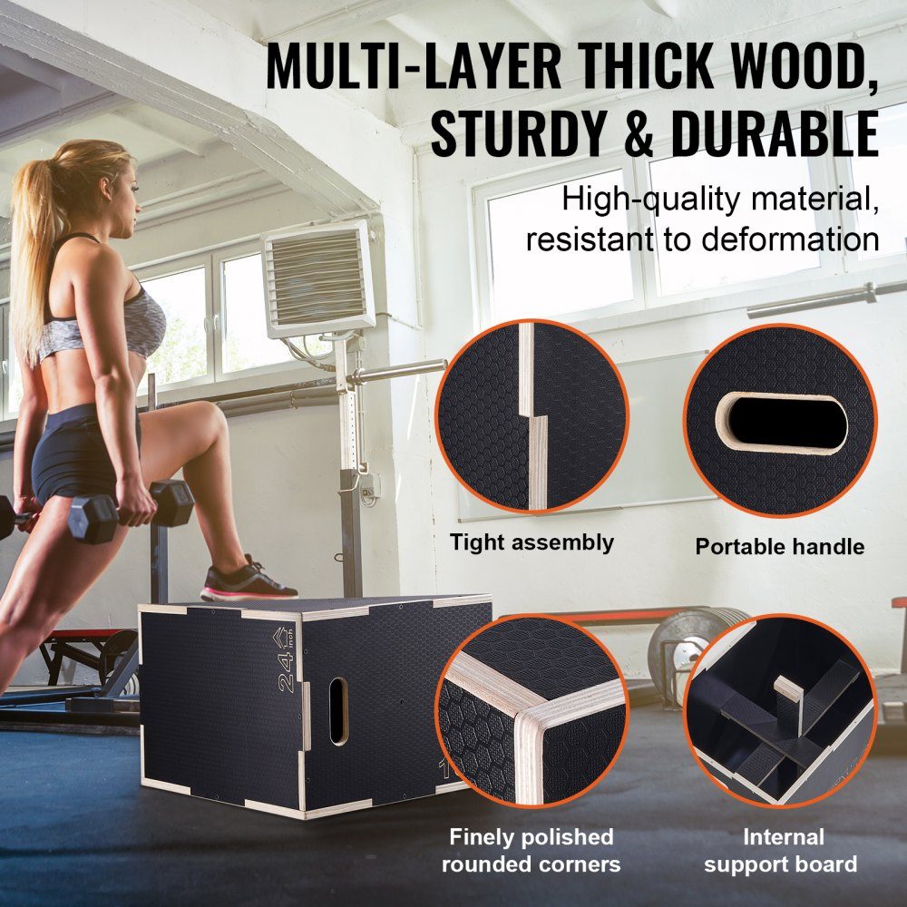 3 in 1 Plyometric Jump Box 24/20/16 Inch Plyo Box, Jump Box Jump Box 204kg Load Capacity, Fitness Exercise Step Up Box for Home Training, Jump Strength Training, Black, Height Adjustable