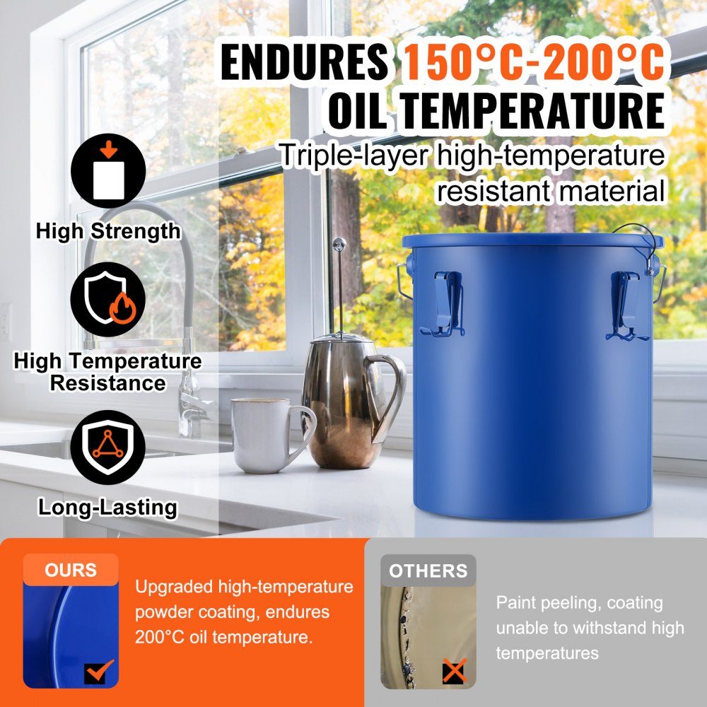 Frying Oil Bucket Oil Disposal Container, 5L Carbon Steel Frying Oil Bucket with Rustproof Coating, Oil Transport Container with Lid, Filter Bag for Filtering Hot Cooking Oil, Blue