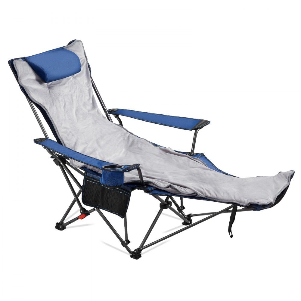 Opvouwbare campingstoel, ligstoel met 4 verstelbare standen, relaxstoel ligstoel met bekerhouder, strandstoel met hoofd- en voetsteun, draagvermogen 100 kg, voor buiten kamperen, blauw