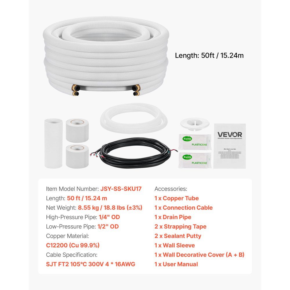 Refrigerant Pipe 50ft Copper Pipe 6.4 and 12.7mm OD AC Copper Pipe PE Insulated Coil Rich Connectors for Mini Split Air Conditioner, HVAC or Heat Pump System
