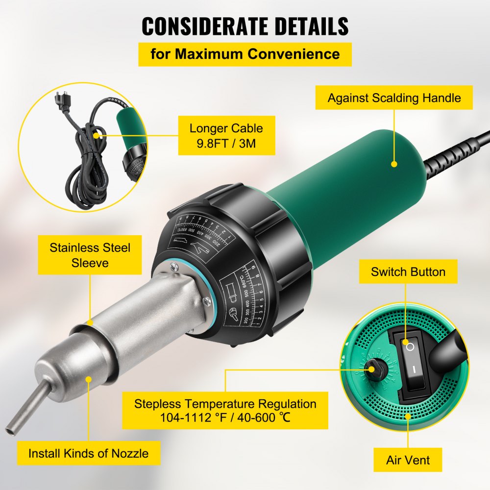 Plastic welding machine hot air gun 1600W PVC welding gun 40-60℃ plastic hot air welding machine incl. 4x replacement nozzles slot knife 3m cable for welding PE/PP/PVC plastic panels Plastic welding machine hot air gun 1600W PVC welding gun 40-60℃ plastic hot air welding machine incl. 4x replacement nozzles slot knife 3m cable for welding PE/PP/PVC plastic panels