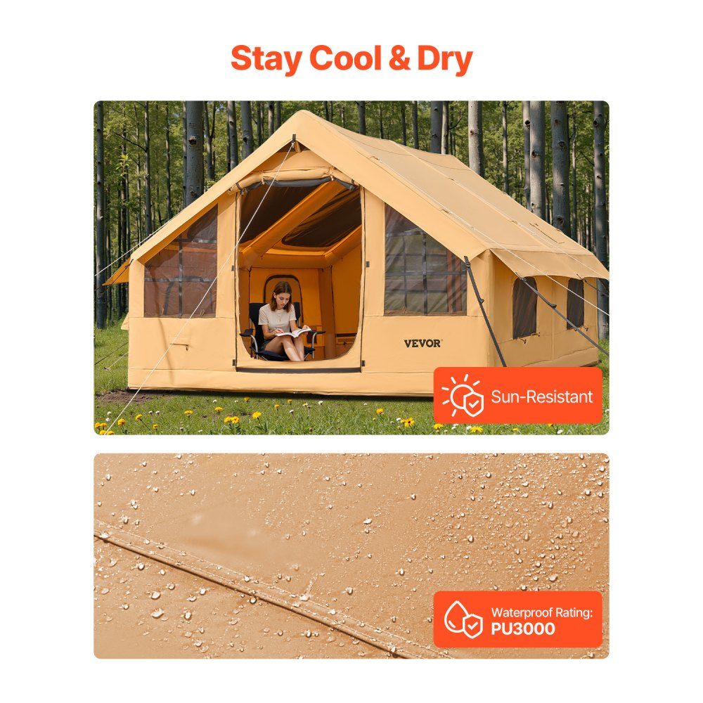 Aufblasbares Zelt für Camping, Zelt für 5–8 Personen mit Handpumpe, 4 x 3 x 2,2 m großes Glamping-Zelt mit 2 Oberlichtern, Vordach, Herdanschluss, 2 Türen, Netzfenstern und Aufbewahrungstasche