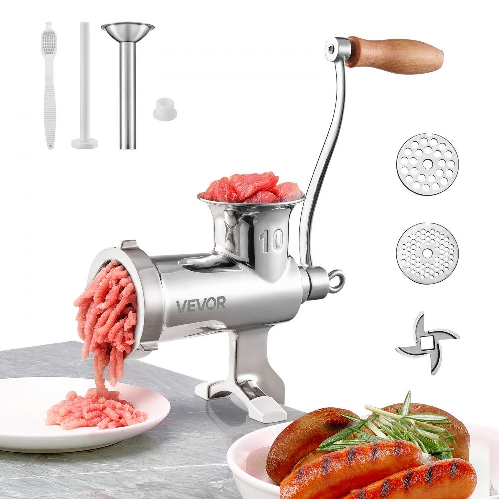 Hachoir à viande manuel, toutes les pièces en acier inoxydable, hachoir à viande manuel avec pince de table, 2 plaques de broyage et poussoir à saucisses, idéal pour la cuisine à domicile, le restaurant, la boucherie