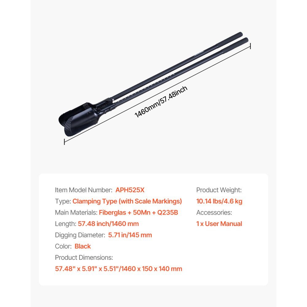 Aardegatgraafmachine 1460 mm, zware handgraafmachine met glasvezelhandvat, handgraafmachine met schaalmarkeringen en metalen blad, grondboorgereedschap voor graven in de tuin en buiten