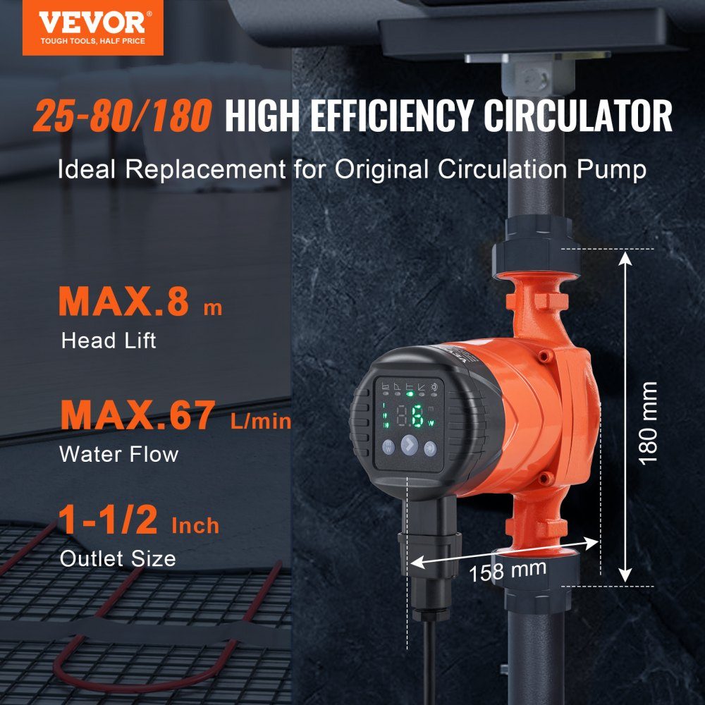 Pompa obiegowa ciepłej wody Energooszczędna, wysokowydajna pompa ciepła ECM Silnik z magnesem trwałym 220 V 60 W 67 l/min Natężenie przepływu, maks. wysokość podnoszenia 8 M, przyłącze gwintowe 1,5 cala, 5 inteligentnych trybów sterowania, niski poziom ha