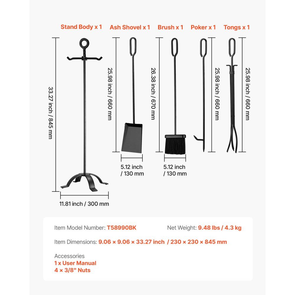 Kaminbesteck-Set, 5-teiliges Herdbesteck-Set, vierzackiger Ständer, Zange, Ascheschaufel, Bürste, Schürhaken, Kamin-Set, schmiedeeisernes Kaminzubehör für Lagerfeuer, Kamin, Schwarz