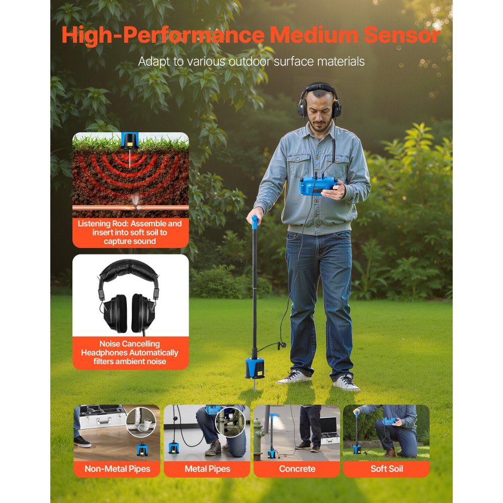 Détecteur de fuite d'eau pour canalisations 1 Hz - 10 000 Hz Détecteur de fuite d'eau à écran tactile 7" pour canalisations souterraines de 5 m avec capteur moyen, 3 baguettes d'écoute, écouteurs et sac