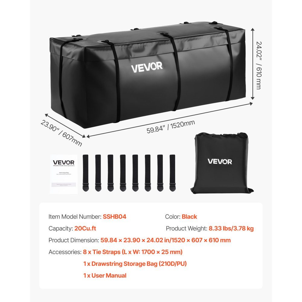 Bagagerektas voor trekhaak van waterdicht 840D PVC (0,566 m³), ​​bagagetas voor opslag achterin vrachtwagens met 8 versterkte riemen voor auto's SUV's zwart