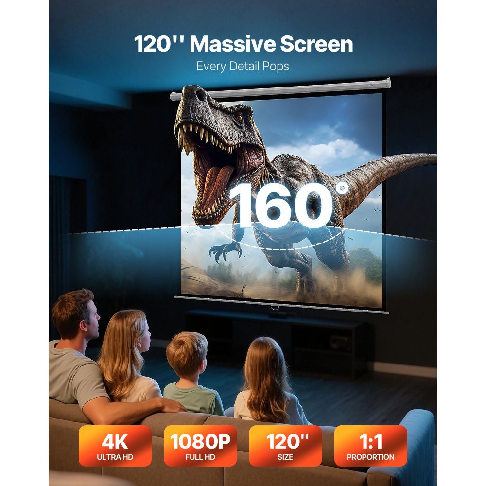 Manual Projection Screen, 120 Inch 1:1 4K 1080 HD Retractable Projection Screen, Wall Mounted Movie Projection with Pull Rope, Portable Rolling Screen Home Theater