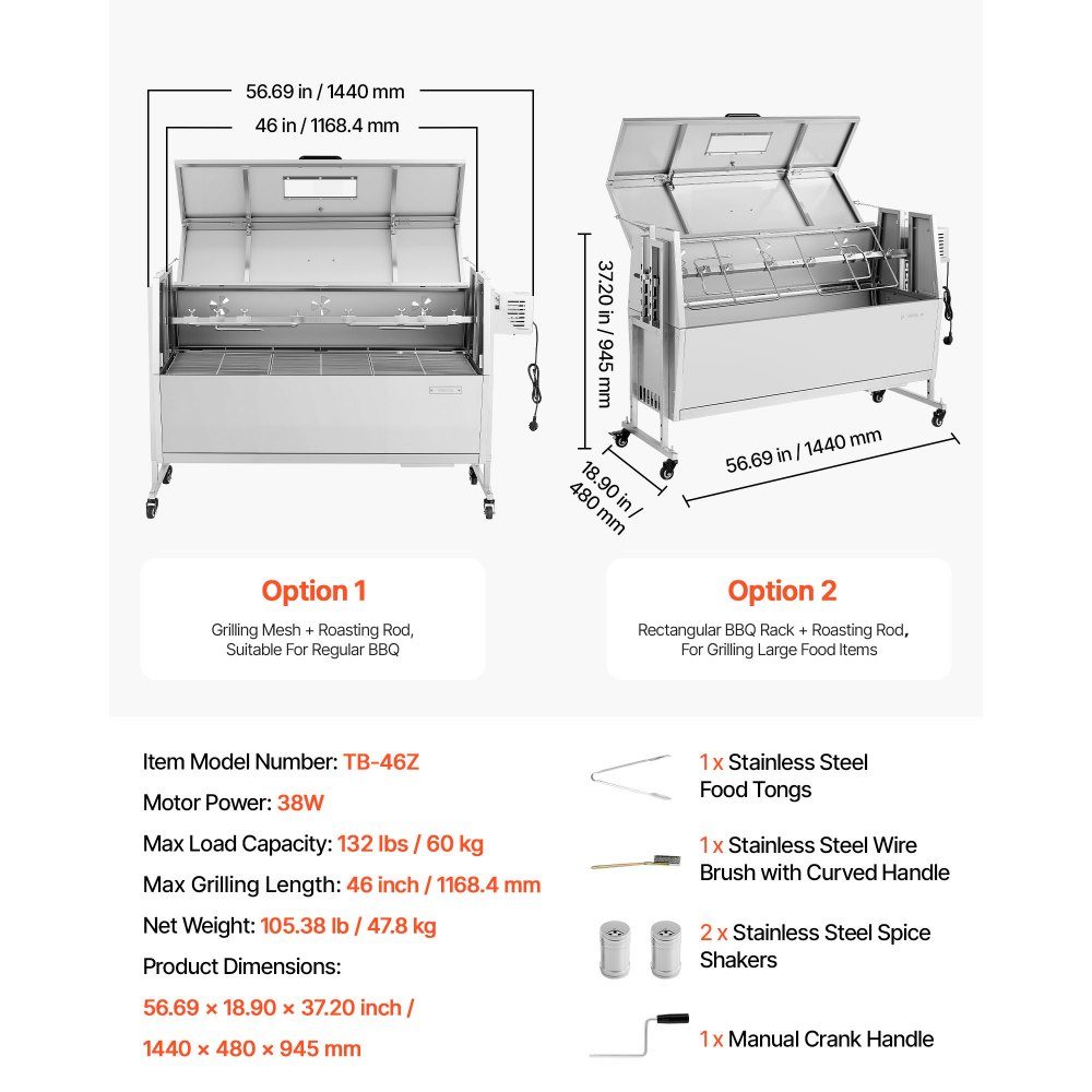 Rotisseriegrill 38W Spanferkelgrill Lammgrill Holzkohlegrill (1168,4 mm Grilllänge) mit 60 kg Tragkraft & Rollen & 4-fach Höhenverstellung & Deckel, Edelstahl Elektrogrill Set für Camping