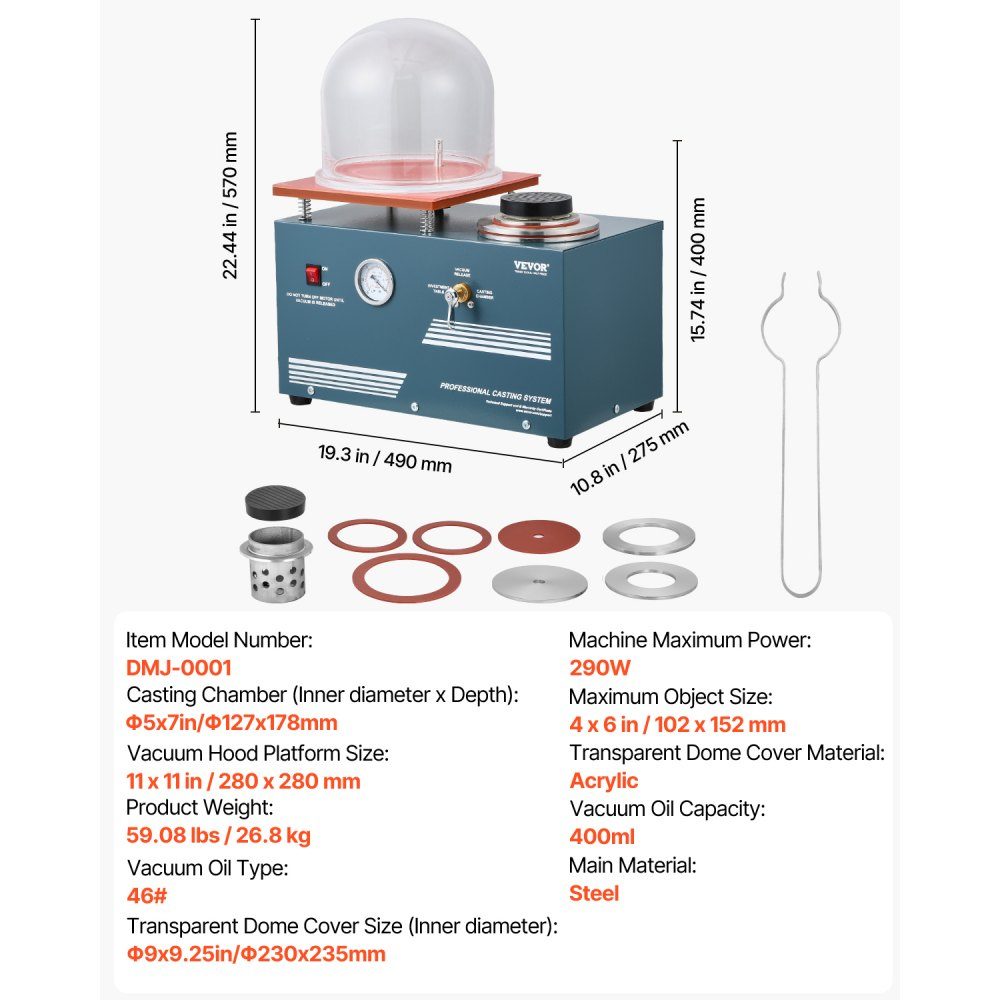 Vakuum-Feingussmaschine, 400 ml, mit 3 CFM-Pumpe, Glocke und Präzisionsmessgerät, Metallschmuck-Gießwerkzeug, Vakuum-Gießmaschine zum Gießen und Schmelzen von Schmuck (28 x 28 cm), 290 W Leistung