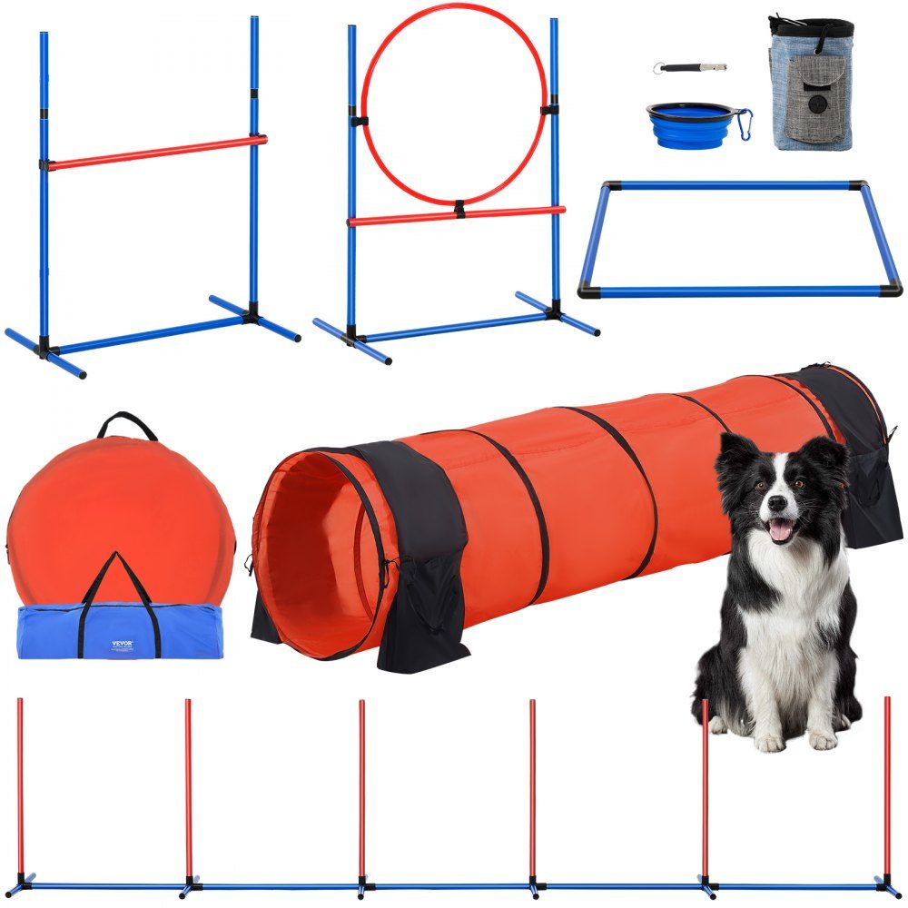 Dog Agility Training Equipment, 5 Piece Upgrade Set with Adjustable High Hurdles, 6 Slalom Poles, Extended Tunnel, Jump Ring, Brake Box, Whistle, Foldable Bowl, Puppy Obstacle Course Set with Storage Bag