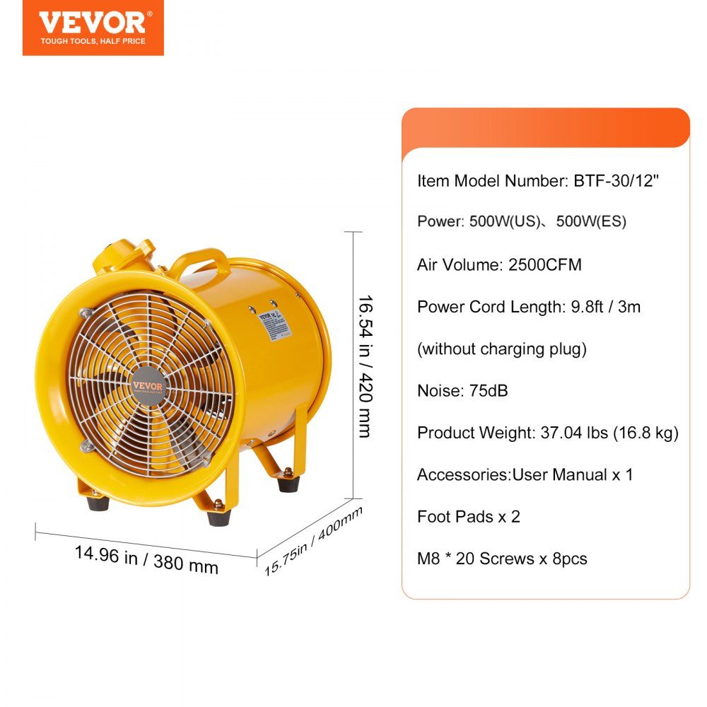 Bauventilator, 550 W AC-Motor, Bauventilator, 2850 U/min, Bauventilator, Gebläse 1179 l/s (2500 CFM), Axialventilator, 3 m Netzkabel, Axialventilator, 75 dB Geräuschpegel, Industrieventilator IP44