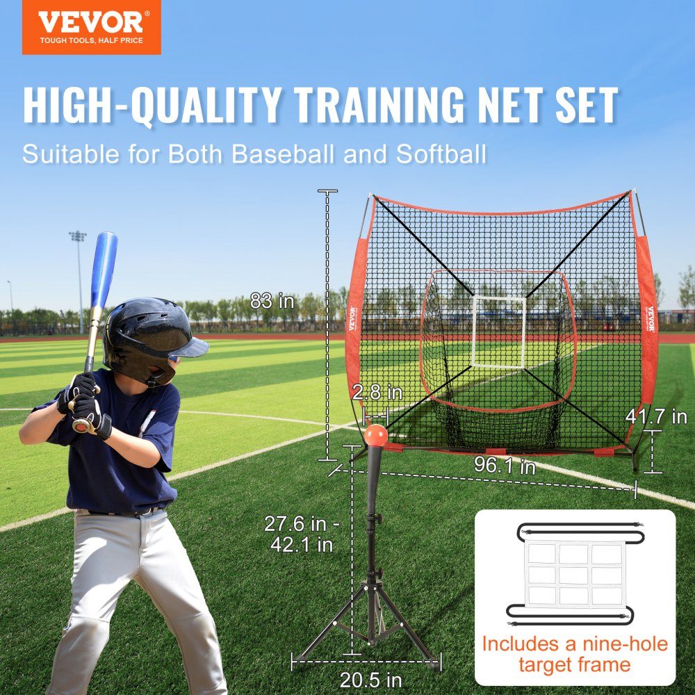 94" x 42" x 84" Baseball Softball Practice Net, Portable Baseball Training Net, Hitting, Catching, Pitching, Backstop Baseball Equipment with Arch Frame, Carry Bag, Strike Zone, Red Ball