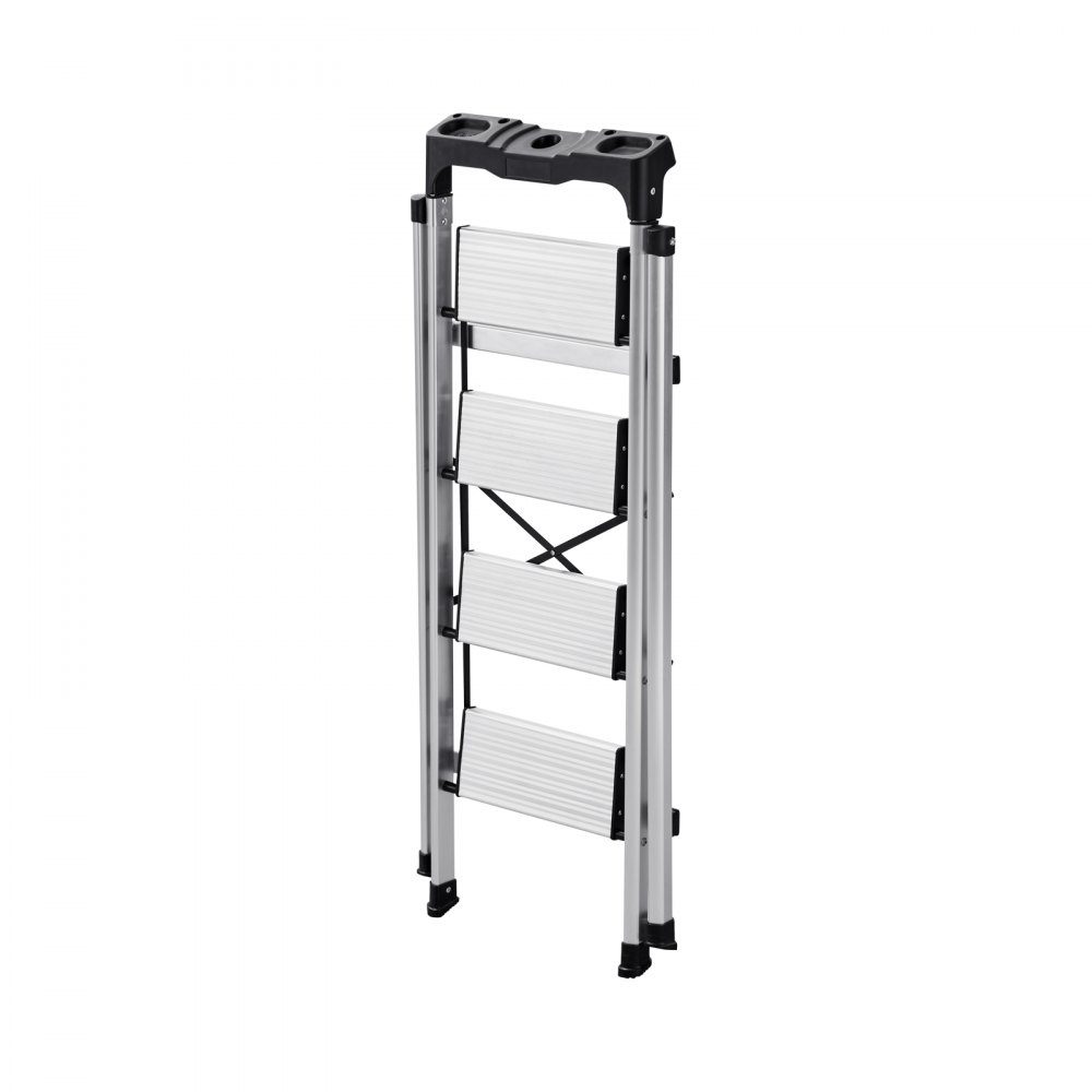 Trittleiter 4 Stufen, Klappleiter mit Anti-Rutsch-Stufen & komfortablem Griff, Haushaltsleiter Belastbarkeit 150 kg, Sicherheitsleiter aus Aluminium für Küche, Haushalt, Lager & Büro, Silber