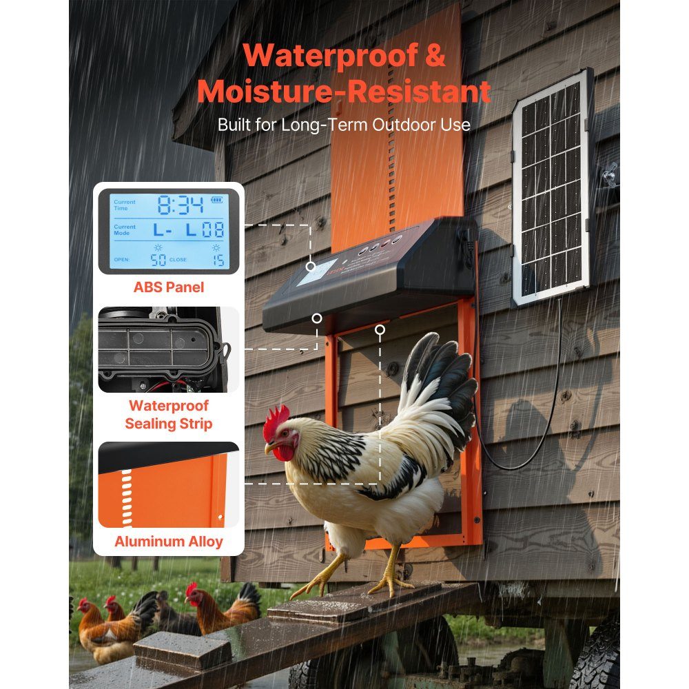 Chicken Flap, Solar and Battery Powered Chicken Door with LCD Display, Remote Control, Light Sensor and Timer, Anti-Pinch, Aluminum Alloy Chicken Coop Door, 350 x 250 x 73mm, Orange