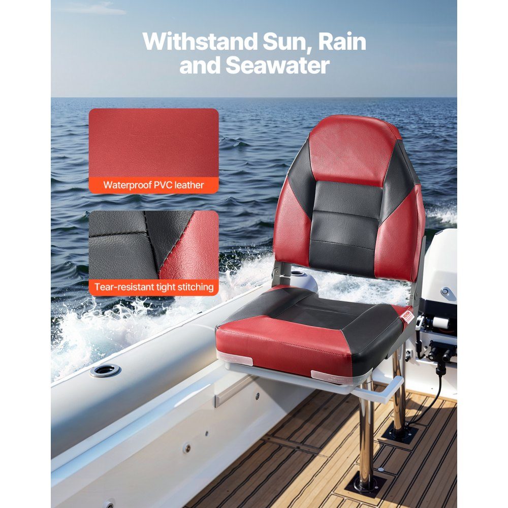 2pcs High Back Boat Seat Folding Fishing Boat Seat with Thick Sponge Cushion and Waterproof PVC Leather Aluminum Alloy Hinges Black and Red