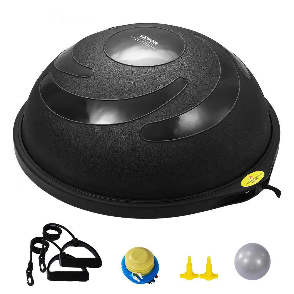 Halve oefenbaltrainer, 26" balansbaltrainer, draagvermogen van 680 kg, stabiliteitsbal, yogabal met weerstandsbanden en voetpomp, krachtfitnessbal voor thuis, sportschool, zwart