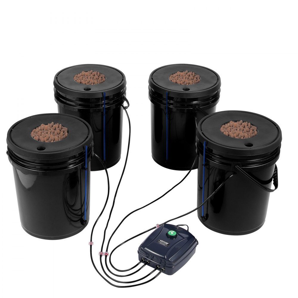 DWC Hydroponics Grow System, Hydroponic Growing System, Deep Water Culture 5 Gallonen 4 Eimer, DWC System mit Luftpumpe, Luftsteinen und Wasserstandsanzeige für Blattgemüse