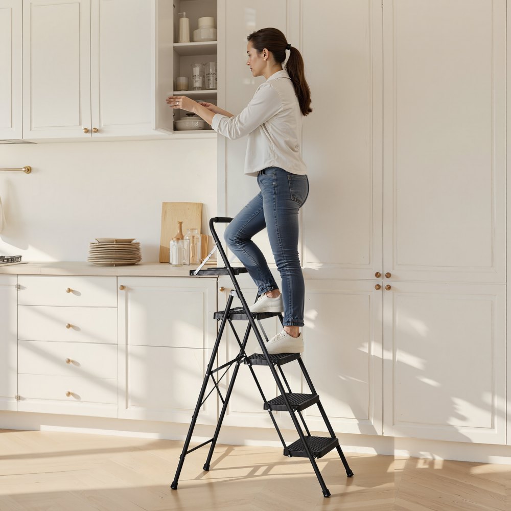 Step Ladder 4 Steps, Folding Ladder with Tool Tray & Comfort Handle, Household Ladder Load Capacity up to 272 kg, Step Ladder, Folding Step, Safety Ladder for Kitchen, Home & Office, Black Step Ladder 4 Steps, Folding Ladder with Tool Tray & Comfort Handle, Household Ladder Load Capacity up to 272 kg, Step Ladder, Folding Step, Safety Ladder for Kitchen, Home & Office, Black