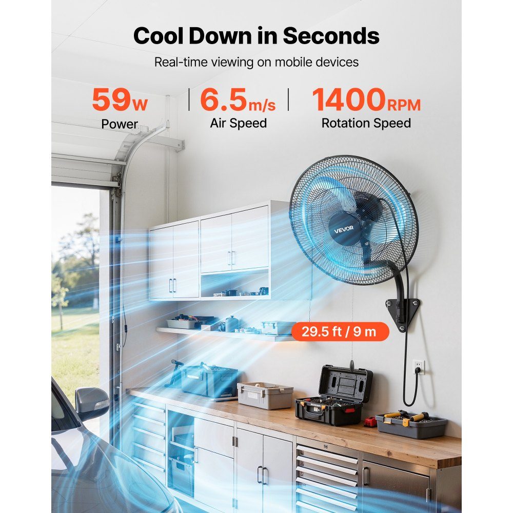 59W Industrial Wall Fan 20" 6.5m/s Oscillating Wall Fan with 3 Levels and Adjustable Tilt Angle Commercial Industrial Fan for Workshop Garage Warehouse Gym Black