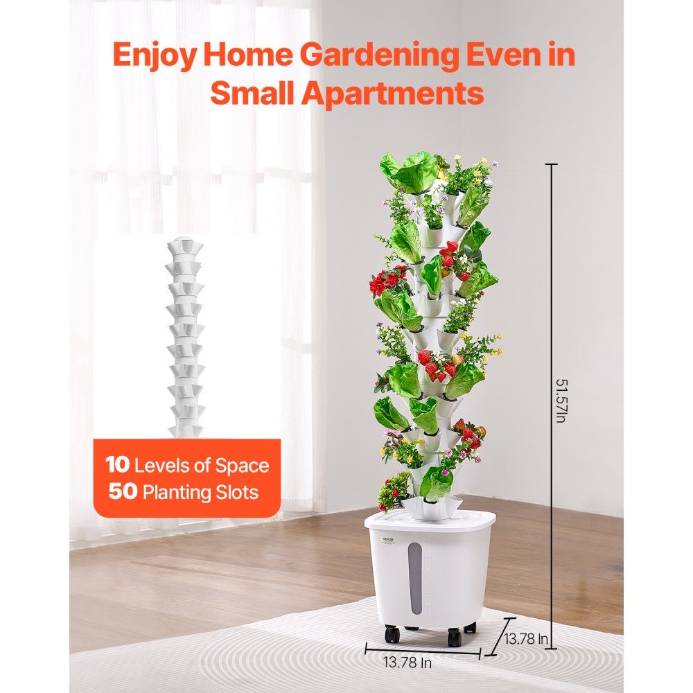 Hydroponic Growing System, 50 Slots Vertical 10 Tier Hydroponic Tower Hydronic Garden with Water Pump and Wheels Indoor Plant Germination Kit for Herbs, Fruits and Vegetables
