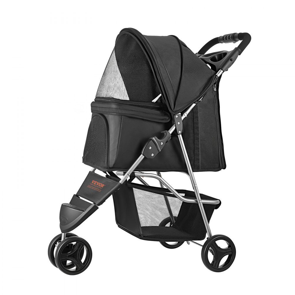Hundebuggy, Tragfähigkeit 16 kg, faltbarer Haustierbuggy, Katzenbuggy mit 3 Rädern, Netzfenstern und Getränkehaltern, Hundebuggy mit Bremse, für kleine bis mittelgroße Haustiere