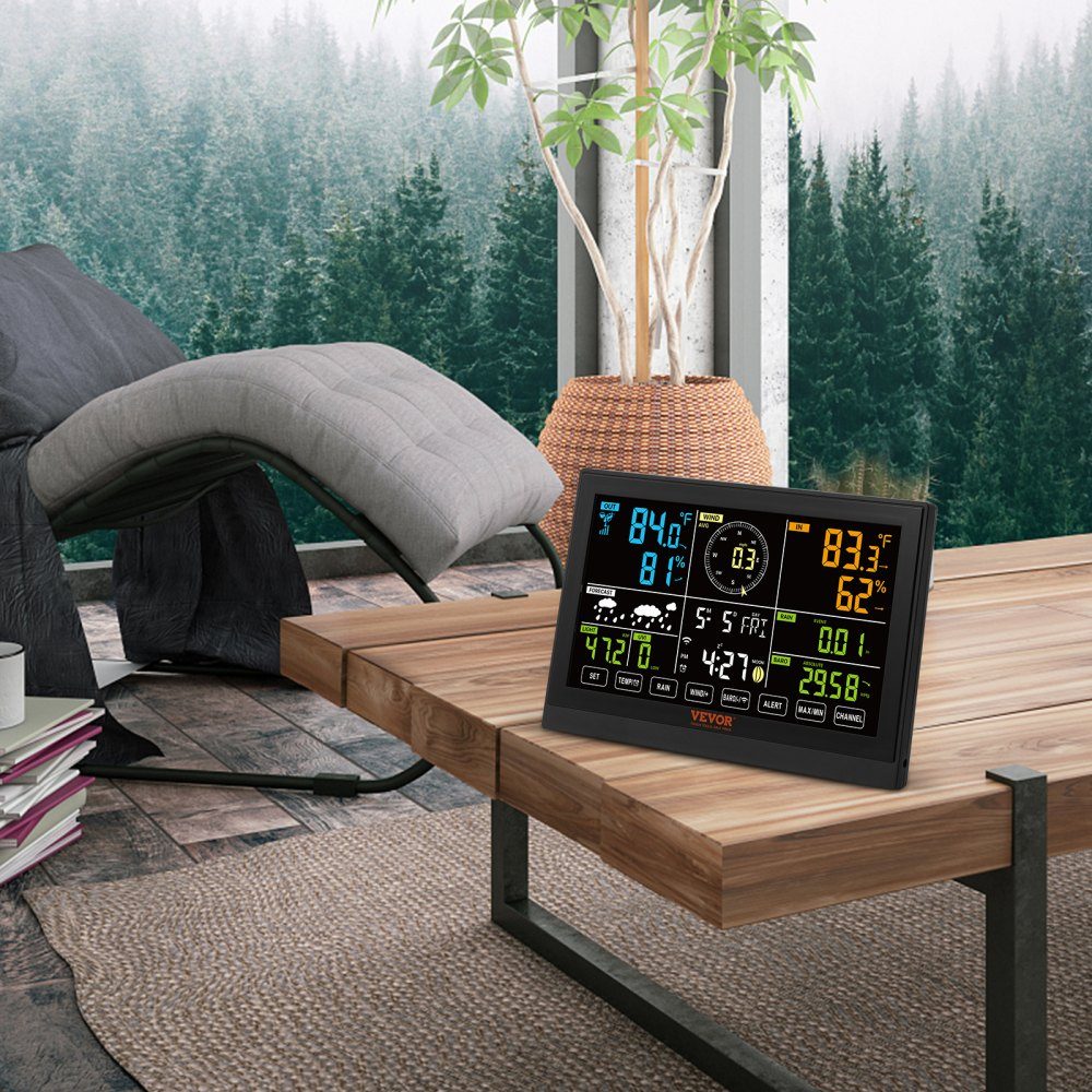Professioneel WiFi-weerstation, 7-in-1 weercentrum op zonne-energie, 190,5 mm (7,5 inch) display, 150 m zendbereik, buitensensor voor windsnelheid, windrichting, temperatuur, vochtigheid, neerslag