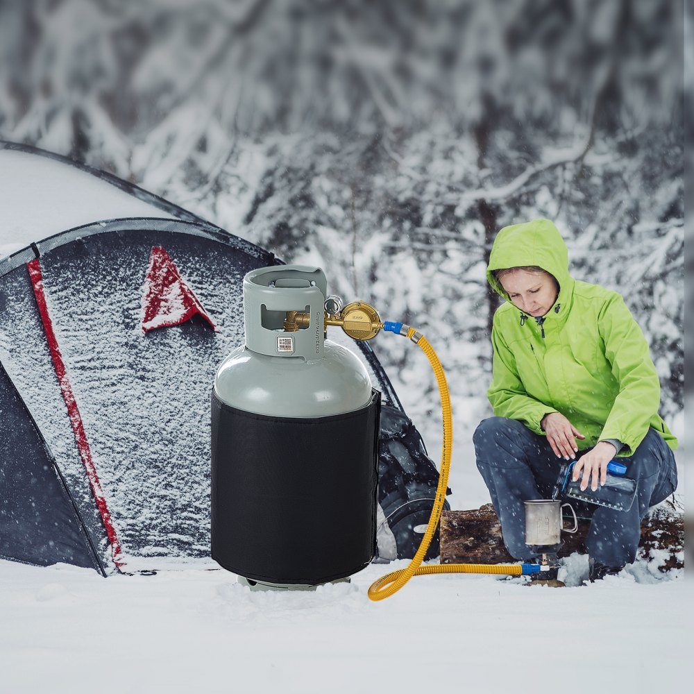 Insulated band style gas bottle warmer, fits 40lb gas tanks, 120W propane heater, fixed internal thermostat, maximum temperature 90°F, durable waterproof oxford fabric, CE approved