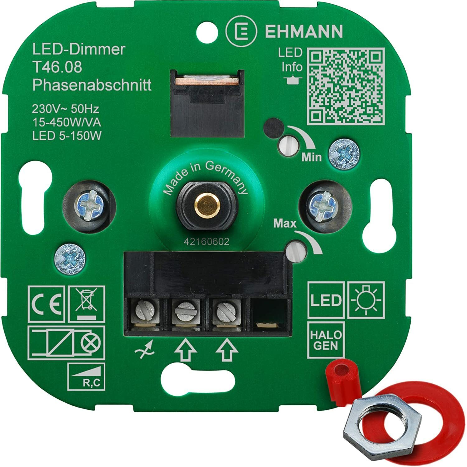 EHMANN 4600x0800 T46.08 Unterputzdimmer, Phasenabschnitt, 230 V, 50 Hz, Leistung: LED 5-150 W, 15-450 W/VA, inklusive Schalterprogramm-Adapter