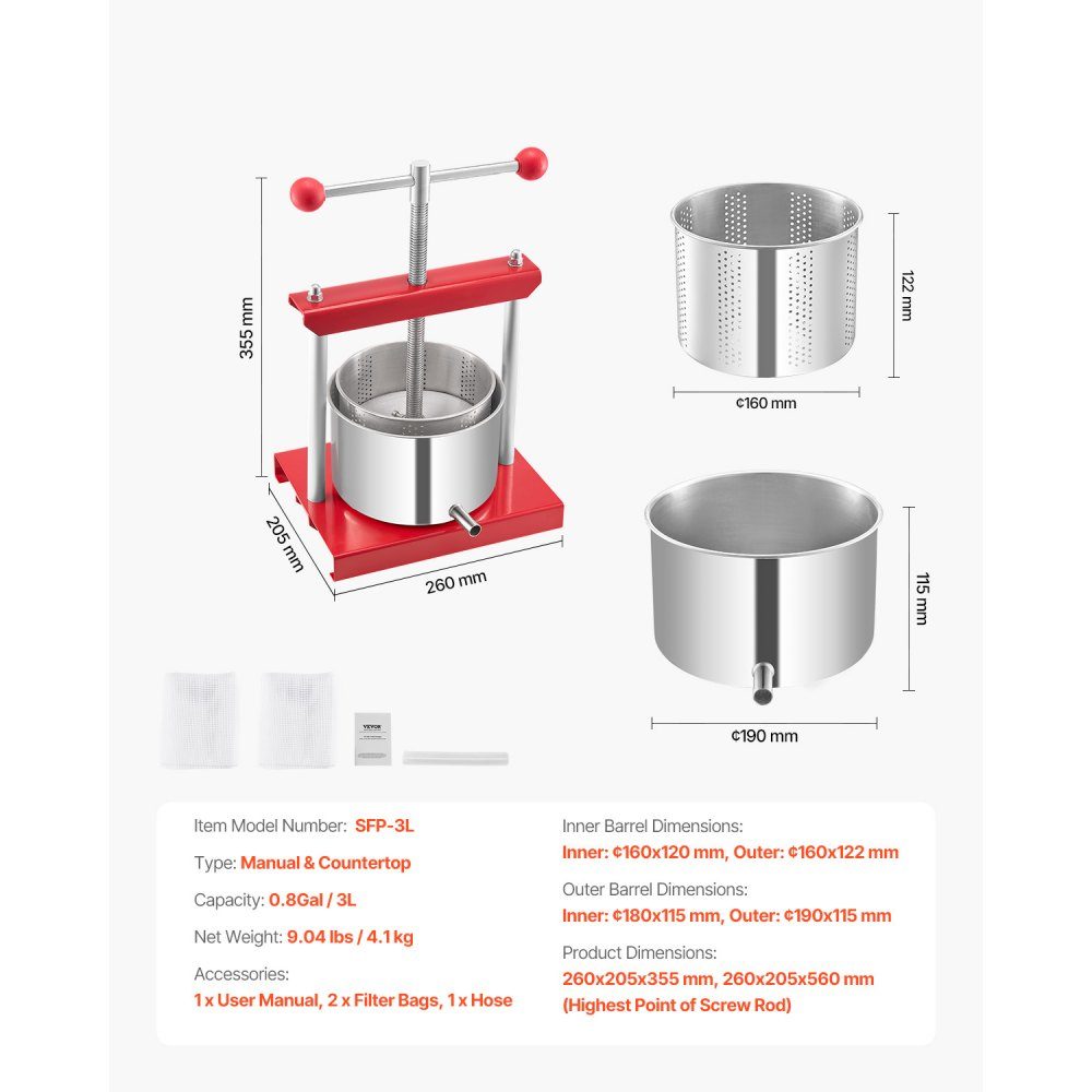 Obstweinpresse Apfelpresse (3L) mit 2 Edelstahlfässern Manueller Entsafter Apfelweinpresse Apfelpresse Traubenpresse Olivenölpresse Handpresse Entsafter mit T-Griff für Küche