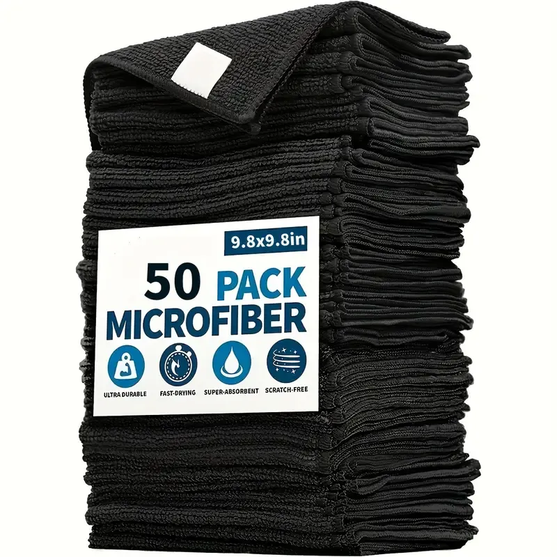 50 Piece Black Microfiber Cleaning Cloth Set - Soft, Quick Drying and Absorbent - Perfect for Home, Car, Office and More