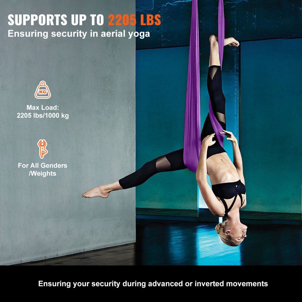 Aerial Yoga Hammock Set 8 x 2.8 m, Purple Aerial Yoga Swing Air Flies, Indoor Aerial Yoga Hammock Swing 1000 kg Max. Load Capacity, Includes Yoga Socks, Steel Carabiner and Aluminum Swivel