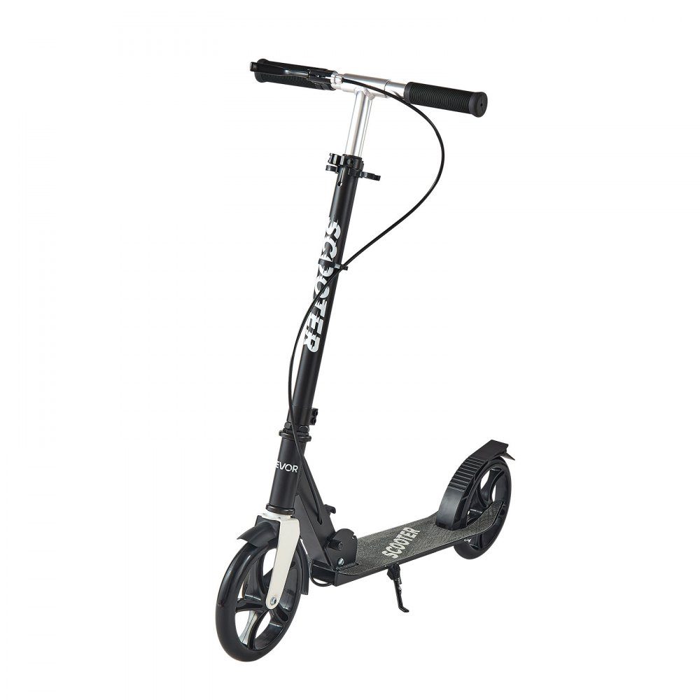 Trottinette (2 roues) pour enfants à partir de 8 ans, trottinette de ville, trottinette enfant, trottinette de rue avec guidon réglable en hauteur & plateau antidérapant & frein à main, trottinette jusqu'à 100 kg, noir + argent