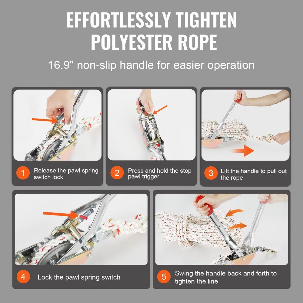 Rope Puller, 3/4 Ton Pulling Force, with 100 Feet of 5/8" Diameter Rope, 2 Hooks, Winch Included, Powerful Ratchet Pulling Tool for Moving Boats, Safe