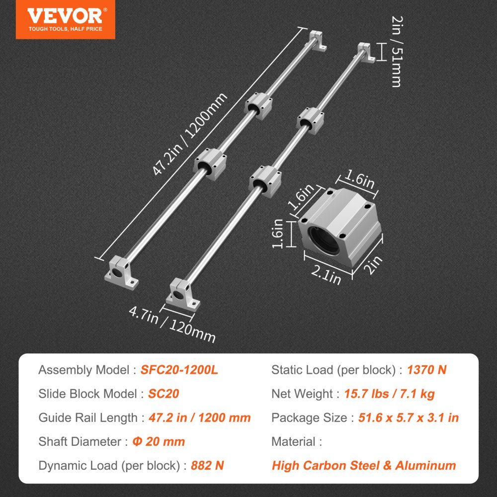 Lineaire geleiderailset, SFC20 1200 mm, 2 stuks 1000 mm SFC20 geleiderails, 4 stuks SC20 schuifblokken, 4 stuks railsteunen, lineaire rails en lagerset voor geautomatiseerde machines