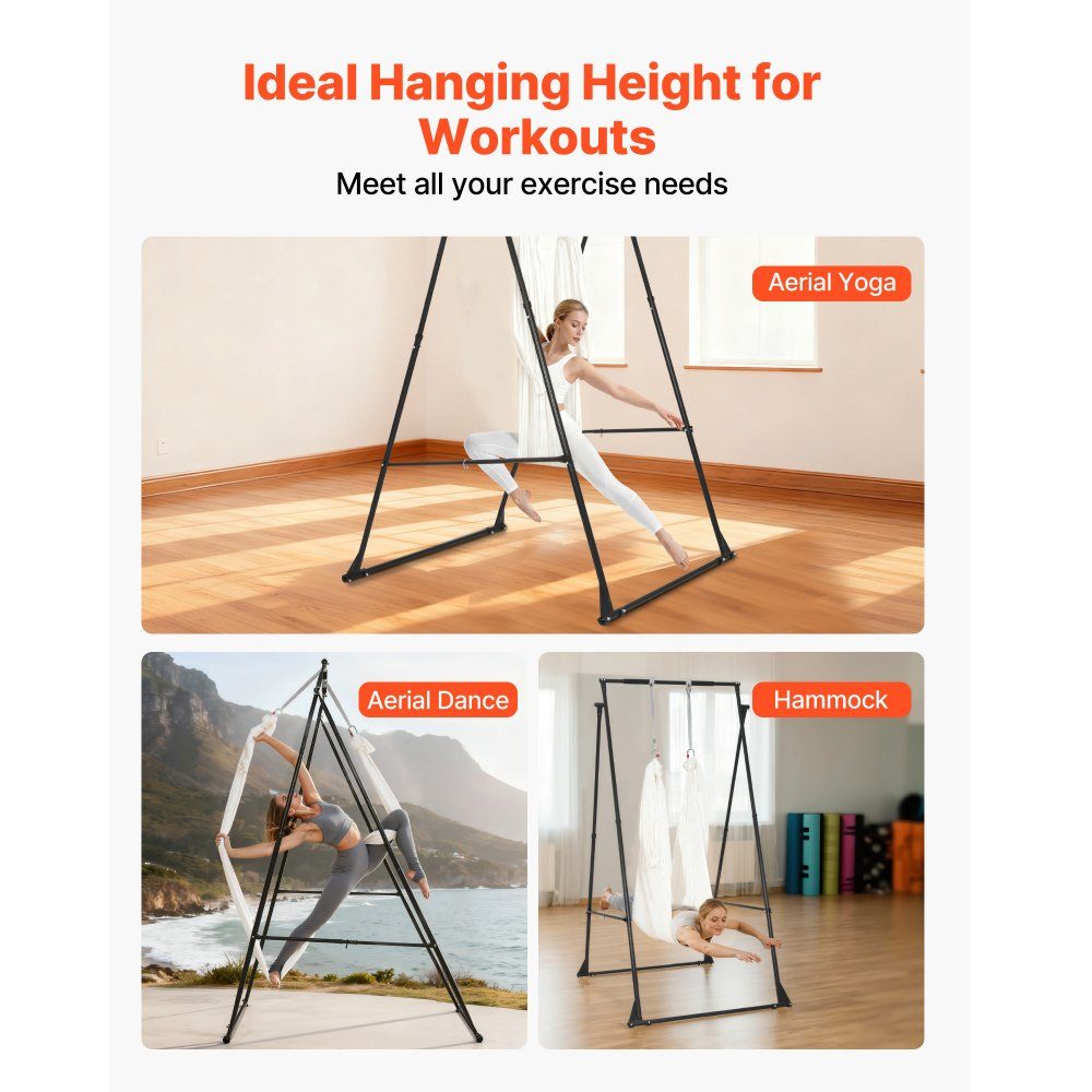 Aerial Yoga Frame Schommelstandaard met 6 m yogahangmat (wit) en Max. 200 kg laadvermogen, driehoekige structuur en EVA-schuim, horizontale aanpassing op 4 niveaus en verticale aanpassing op 6 niveaus