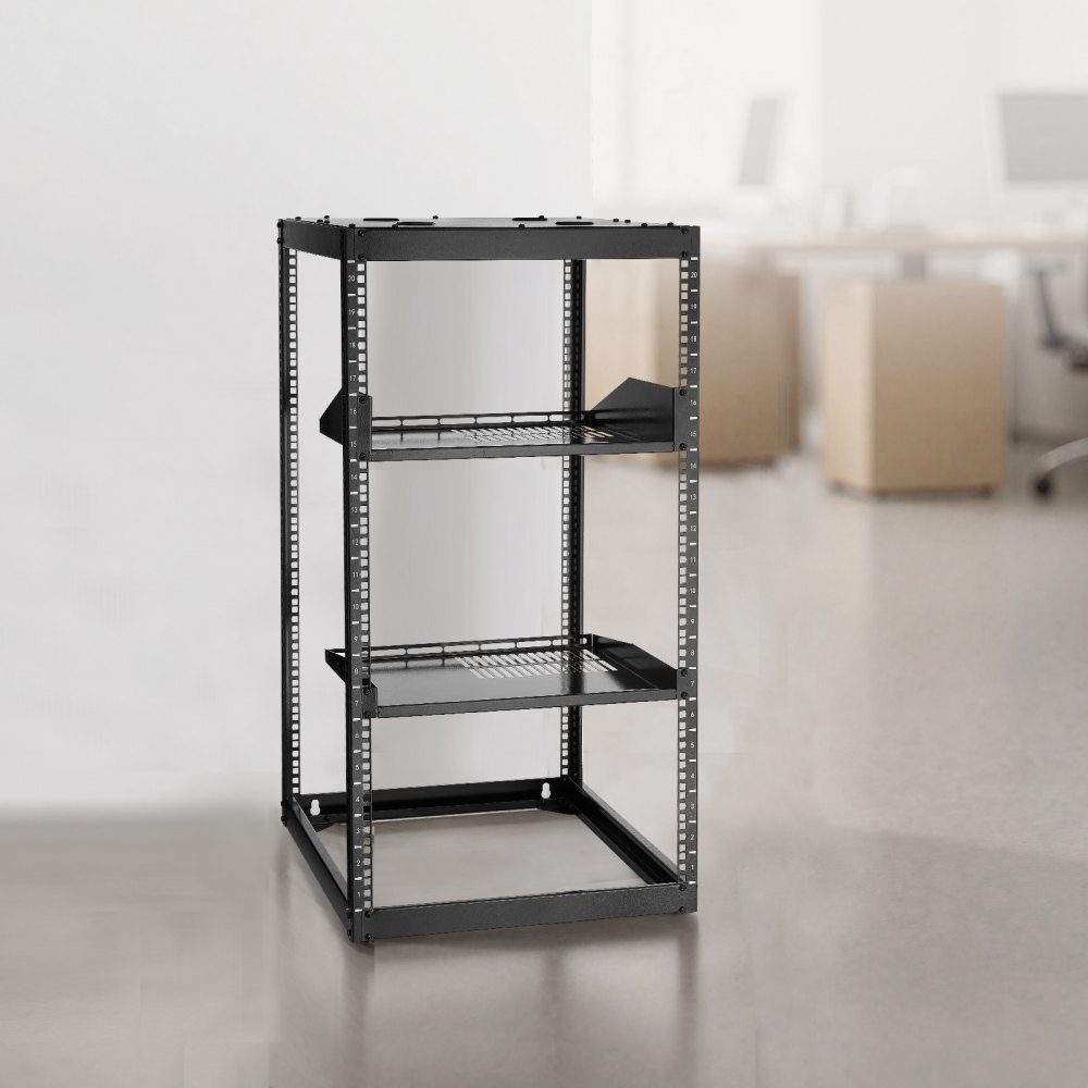 20U open frame network rack, 585mm depth, wall mount or floor standing server rack, 4 post construction, with ventilated shelves and mounting accessories, for network IT equipment and AV equipment